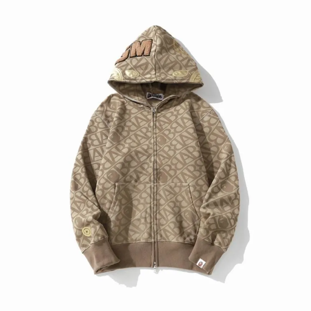 BAPE Logo Monogram Velour Shark Full Zip Hoodie Khaki  
