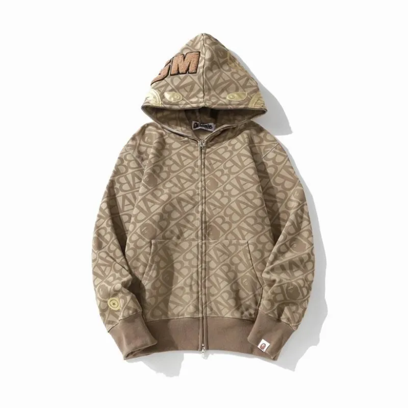 BAPE Logo Monogram Velour Shark Full Zip Hoodie Khaki  