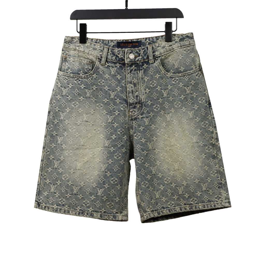  Louis Vuitton distressed washed full print denim shorts Jeans