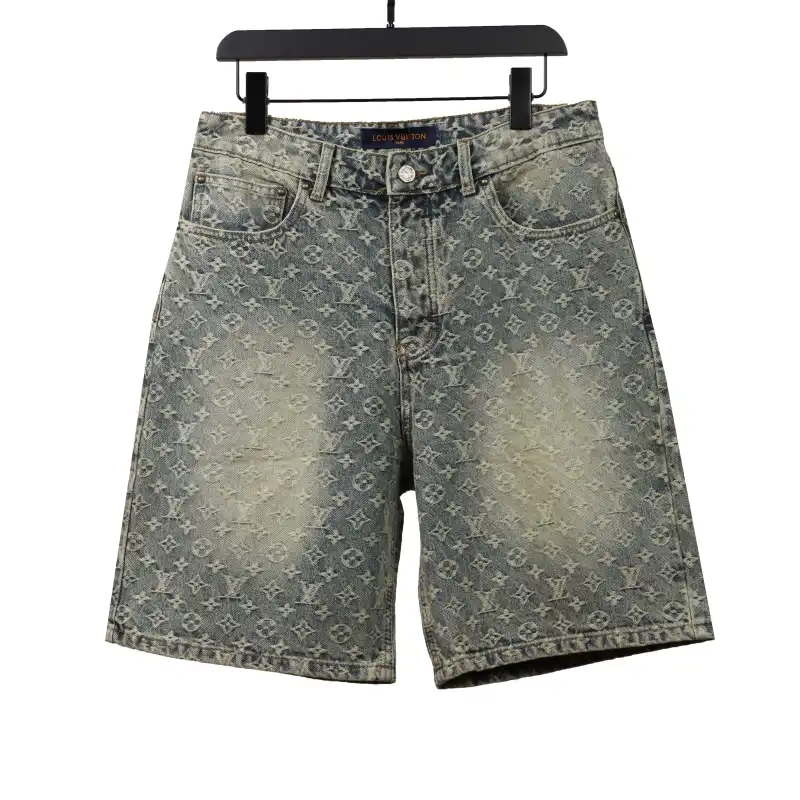 Louis Vuitton distressed washed full print denim shorts Jeans