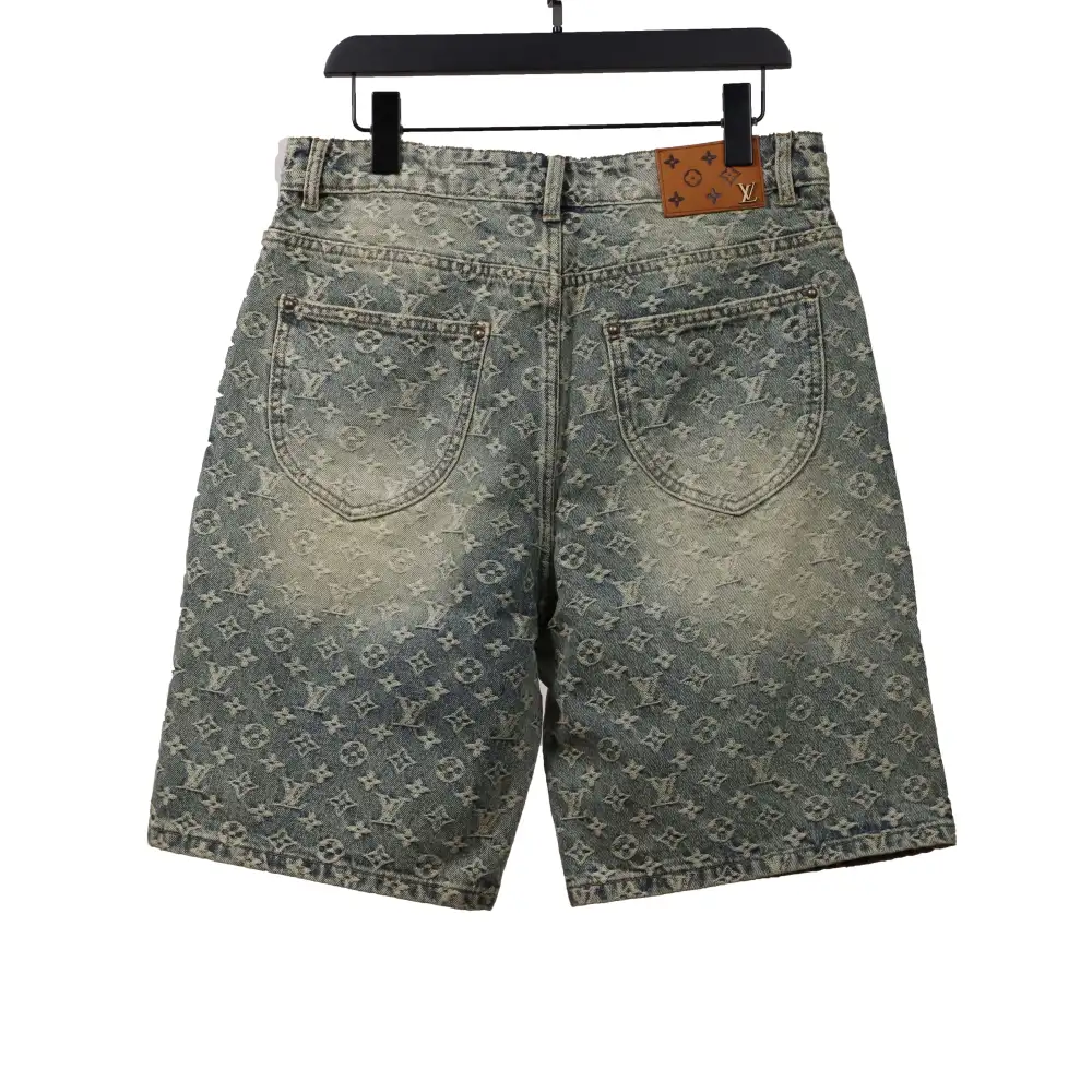 Louis Vuitton distressed washed full print denim shorts Jeans