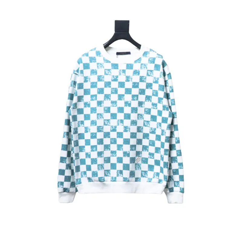  Louis Vuitton white and green checkerboard fleece round neck Hoodie