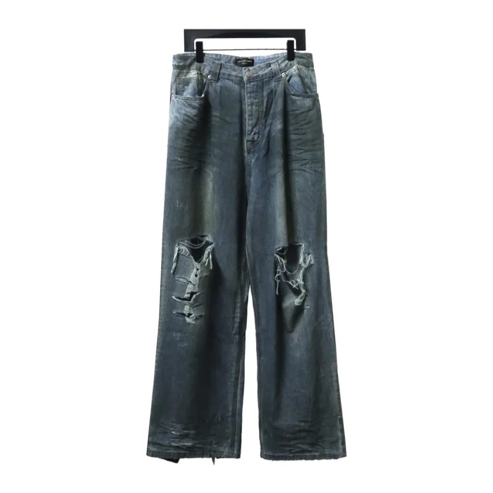 Ba*len*cia*ga 23ss eroded mud-dyed distressed large damaged knife-cut jeans