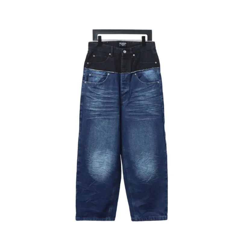 Balenciaga BLCG 24SS black and blue patchwork ripped denim Jeans