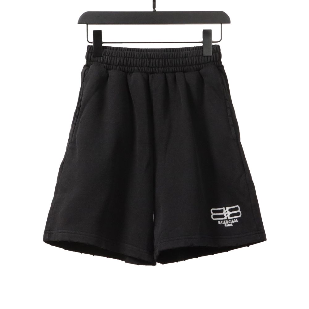  Balenciage distressed washed lock embroidered Short Pants black