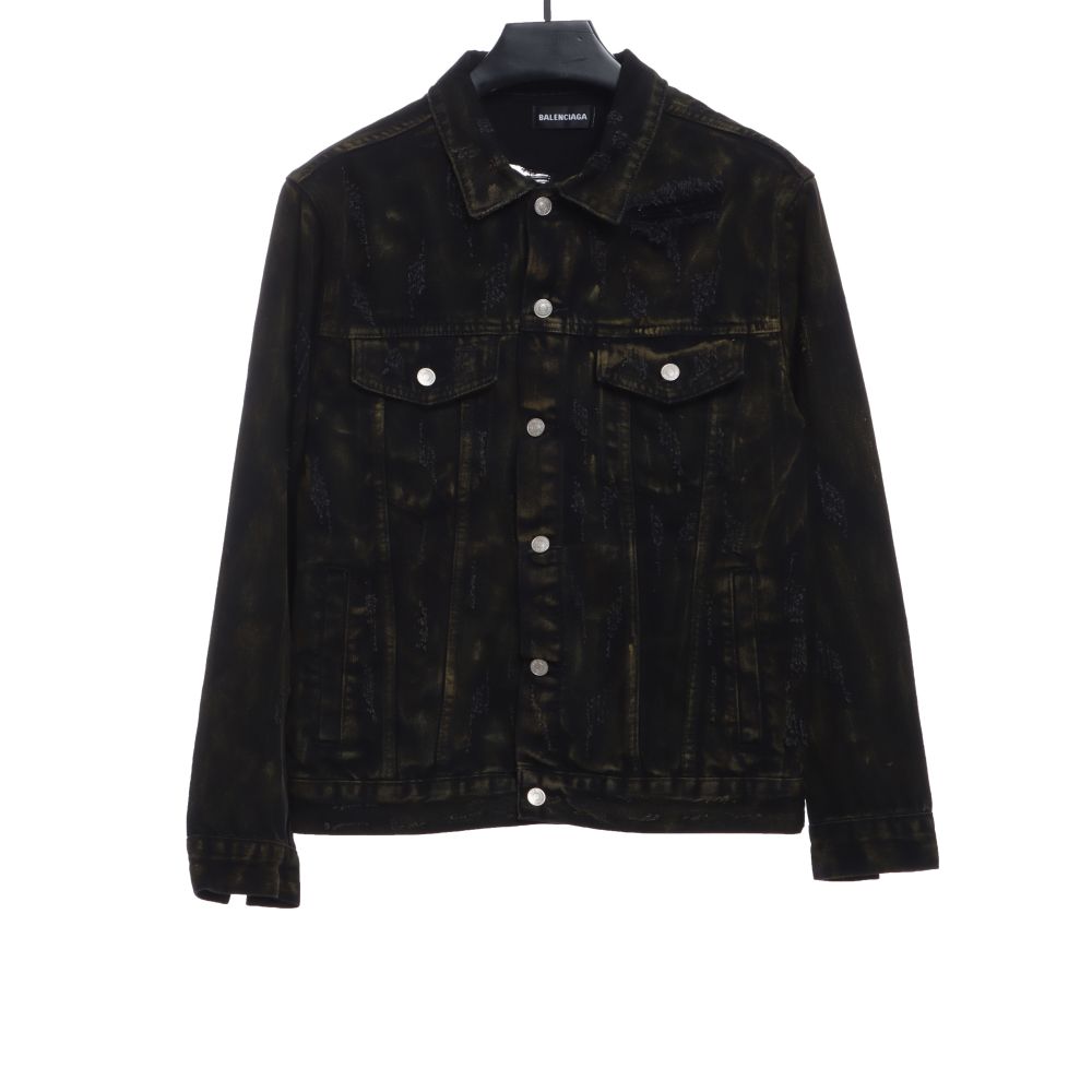  Balenciage mud-dyed full print ripped denim jacket