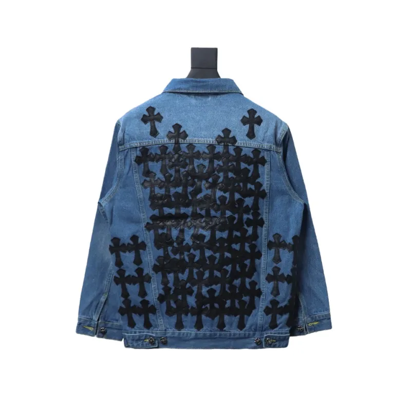  Chrome Hearts gradient washed full back leather cross denim jacket