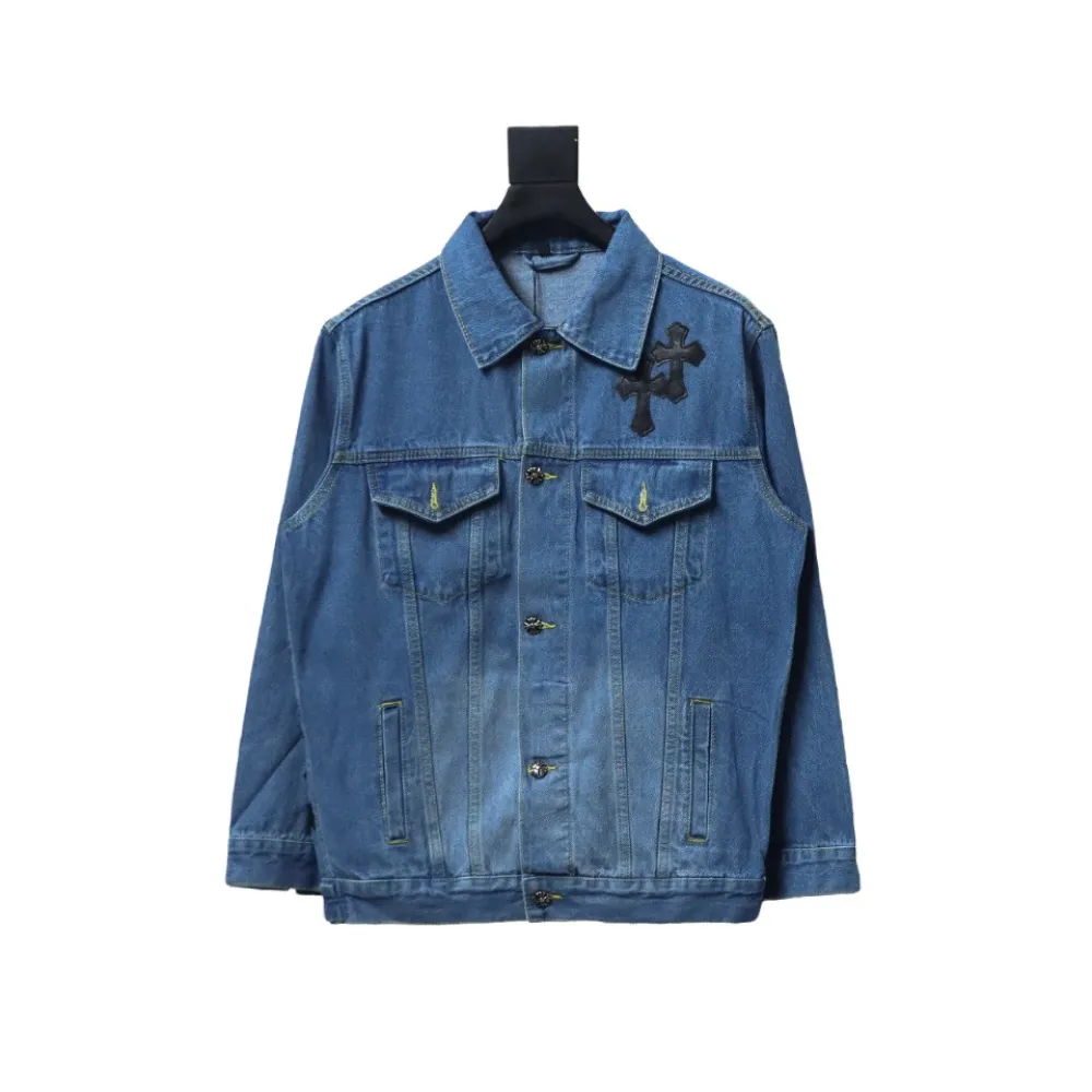  Chrome Hearts gradient washed full back leather cross denim jacket