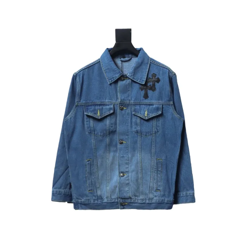  Chrome Hearts gradient washed full back leather cross denim jacket