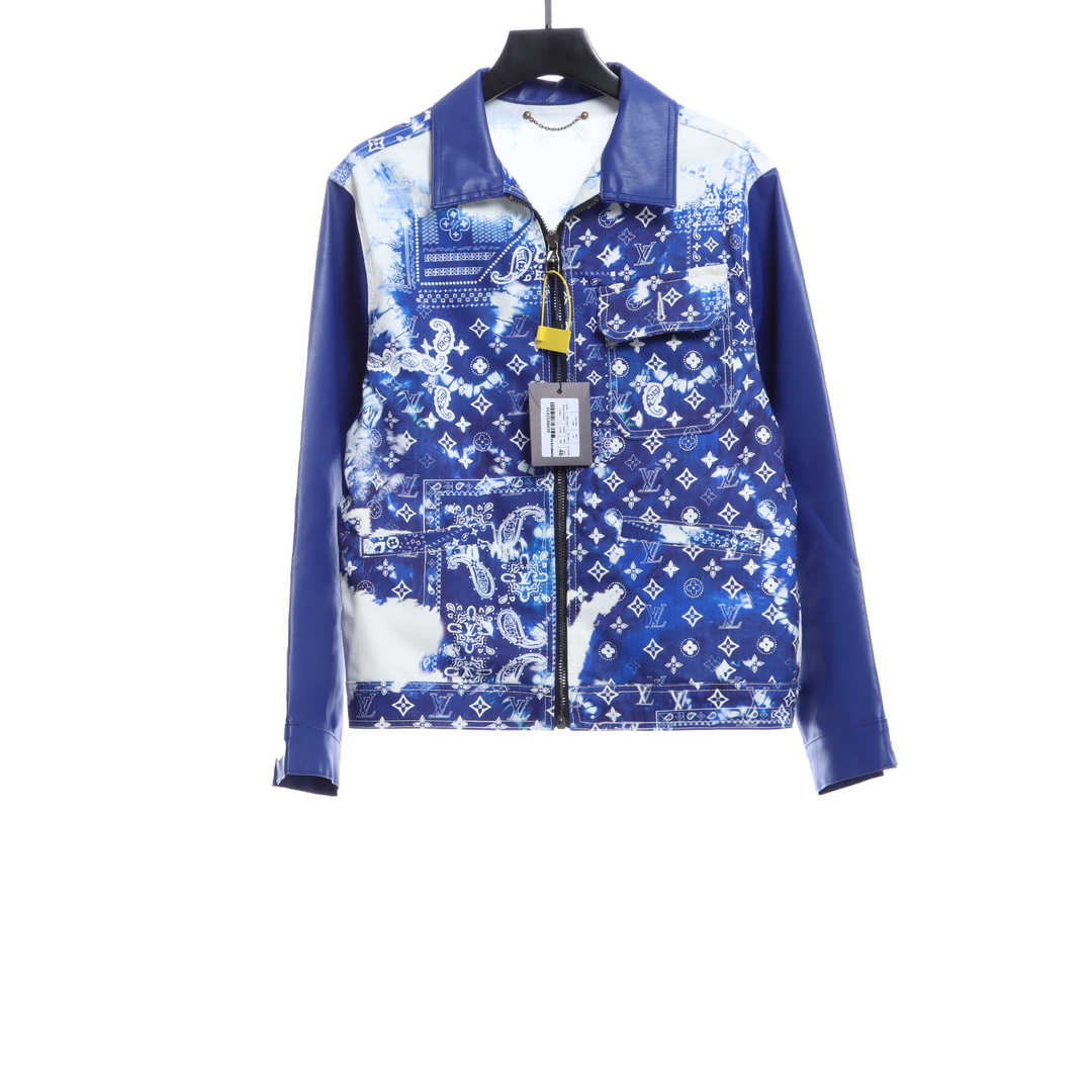 Louis Vuitton silk scarf print leather denim jacket