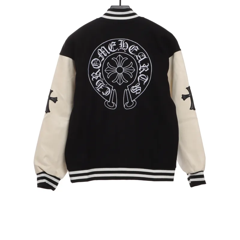  Chrome Hearts patchwork leather horseshoe embroidered baseball jacket