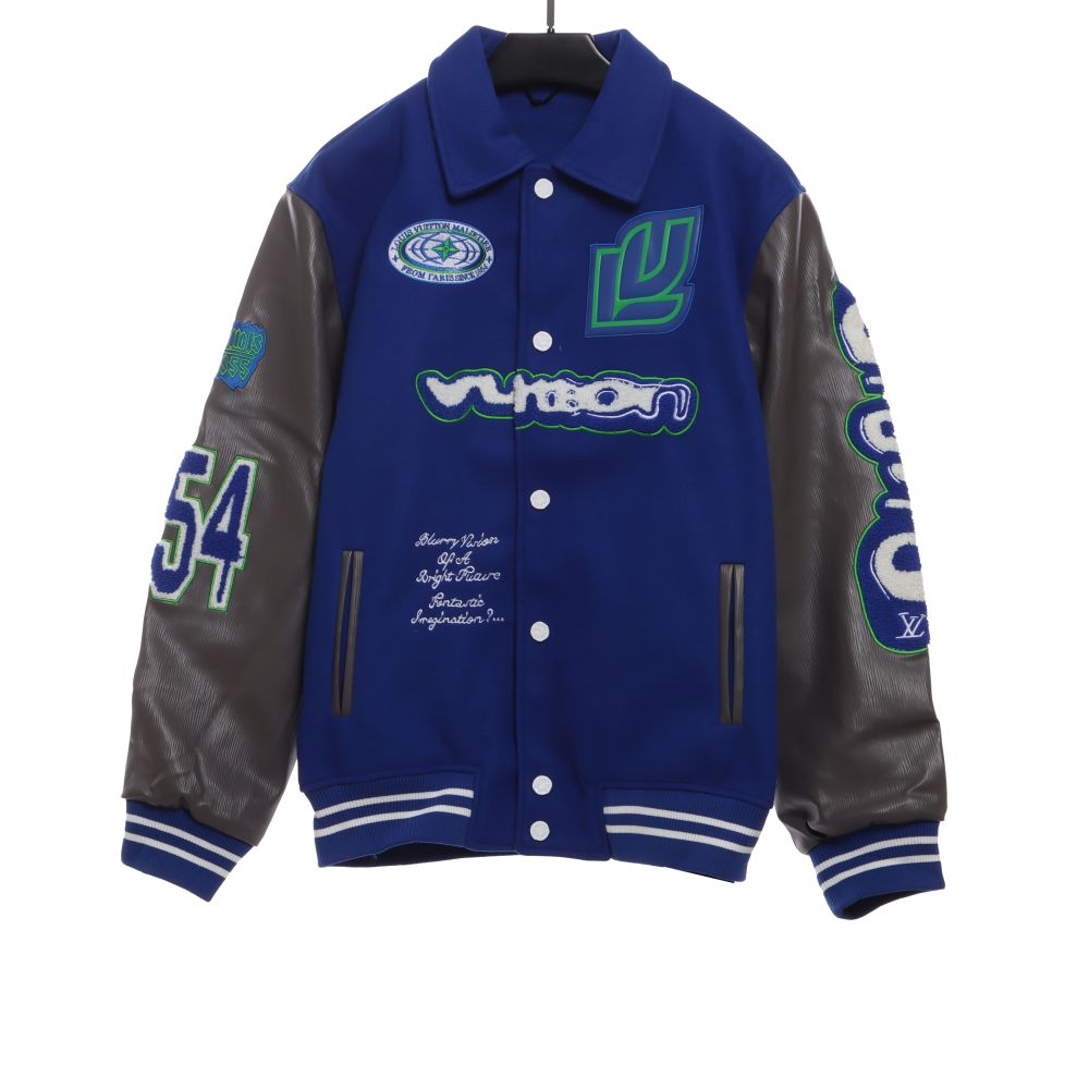  Louis Vuitton graffiti pattern embroidered patchwork leather baseball jacket