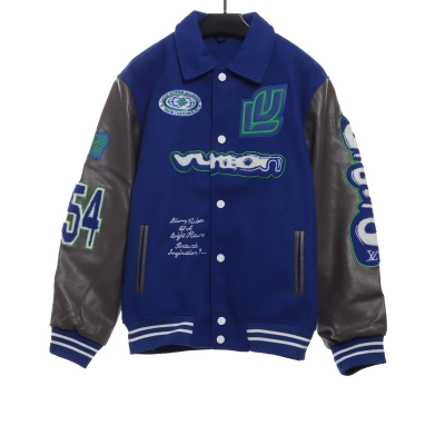 Louis Vuitton graffiti pattern embroidered patchwork leather baseball jacket 01