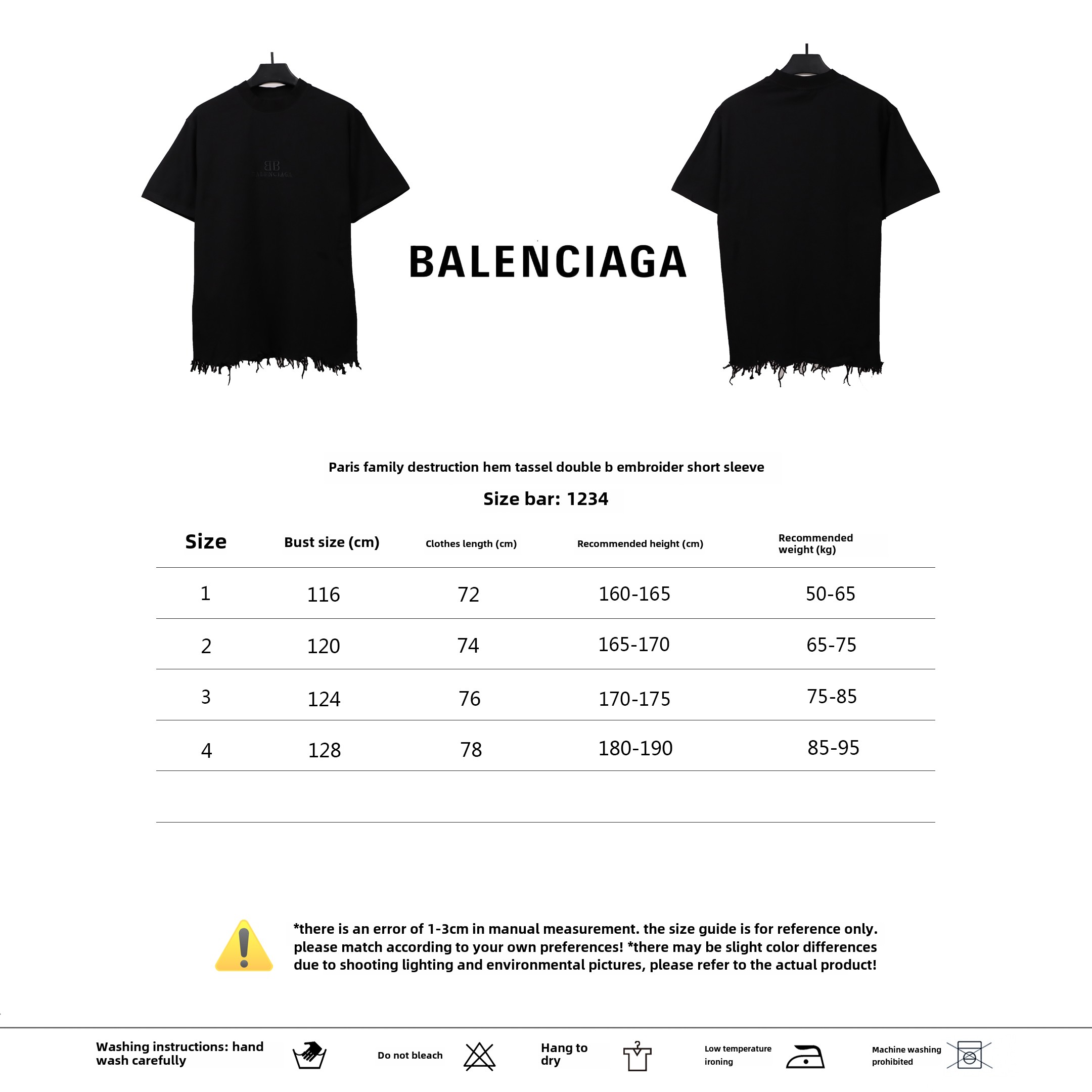 Balenciaga damaged hem tassel double B embroidered T-Shirts 2