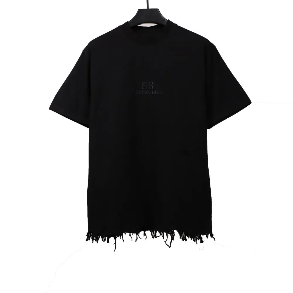 Balenciage damaged hem tassel double B embroidered T-Shirts 2