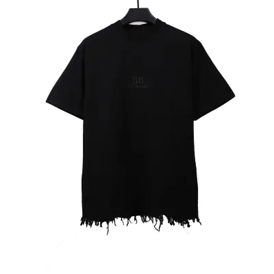 Balenciage damaged hem tassel double B embroidered T-Shirts 2 01