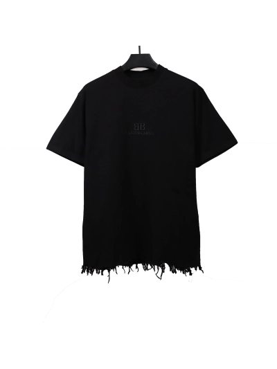 Balenciaga damaged hem tassel double B embroidered T-Shirts 2 01