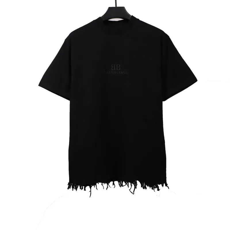 Balenciage damaged hem tassel double B embroidered T-Shirts 2