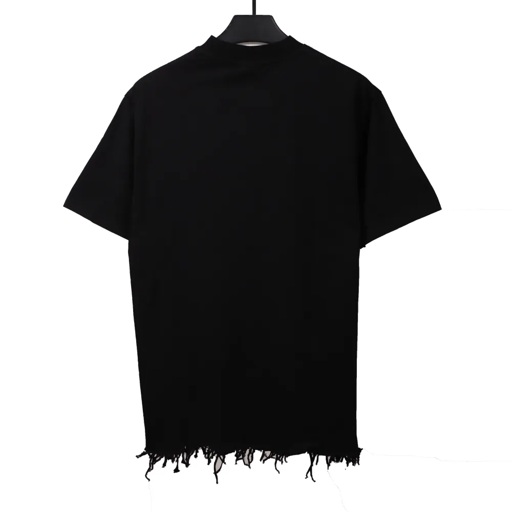 Balenciage damaged hem tassel double B embroidered T-Shirts 2