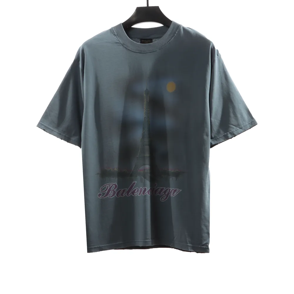  Balenciage Distressed Washed Sunset Tower T-Shirts Blue