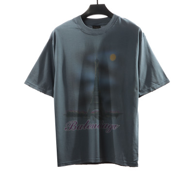  Balenciage Distressed Washed Sunset Tower T-Shirts Blue 01