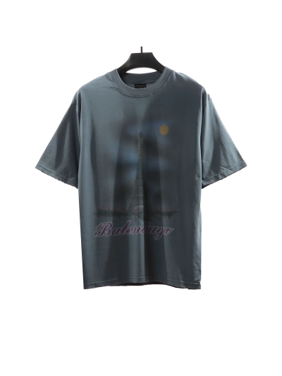 Balenciaga Distressed Washed Sunset Tower T-Shirts Blue 01