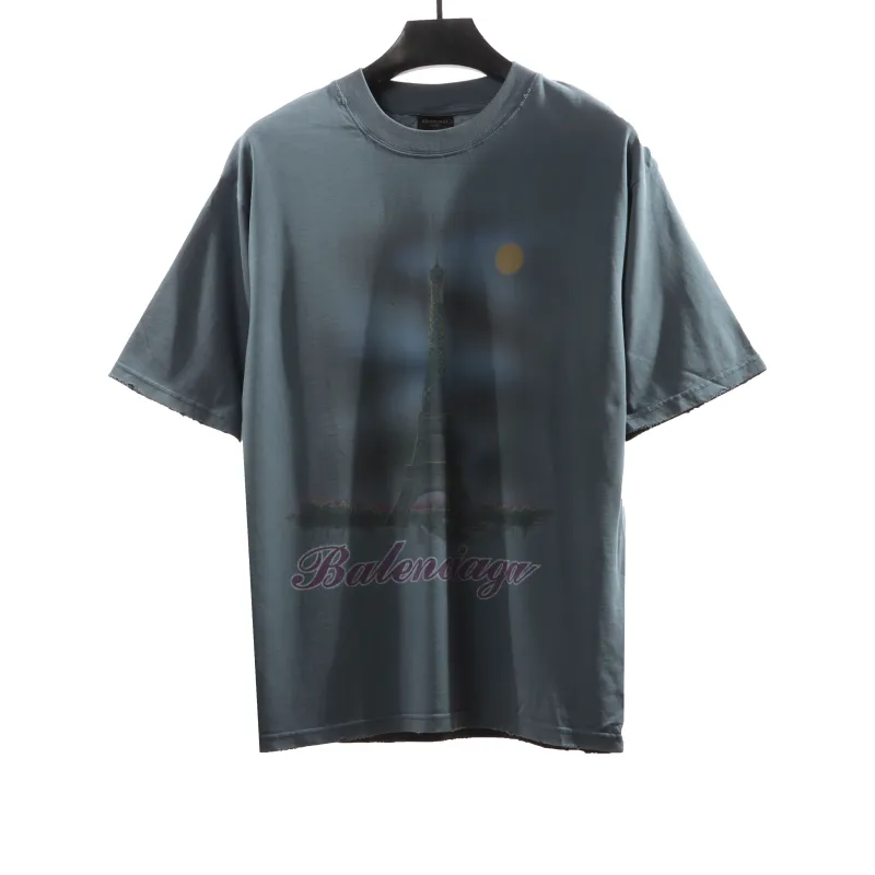  Balenciage Distressed Washed Sunset Tower T-Shirts Blue