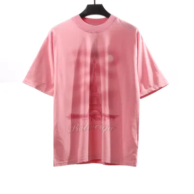  Balenciage Distressed Washed Sunset Tower T-Shirts Pink 01