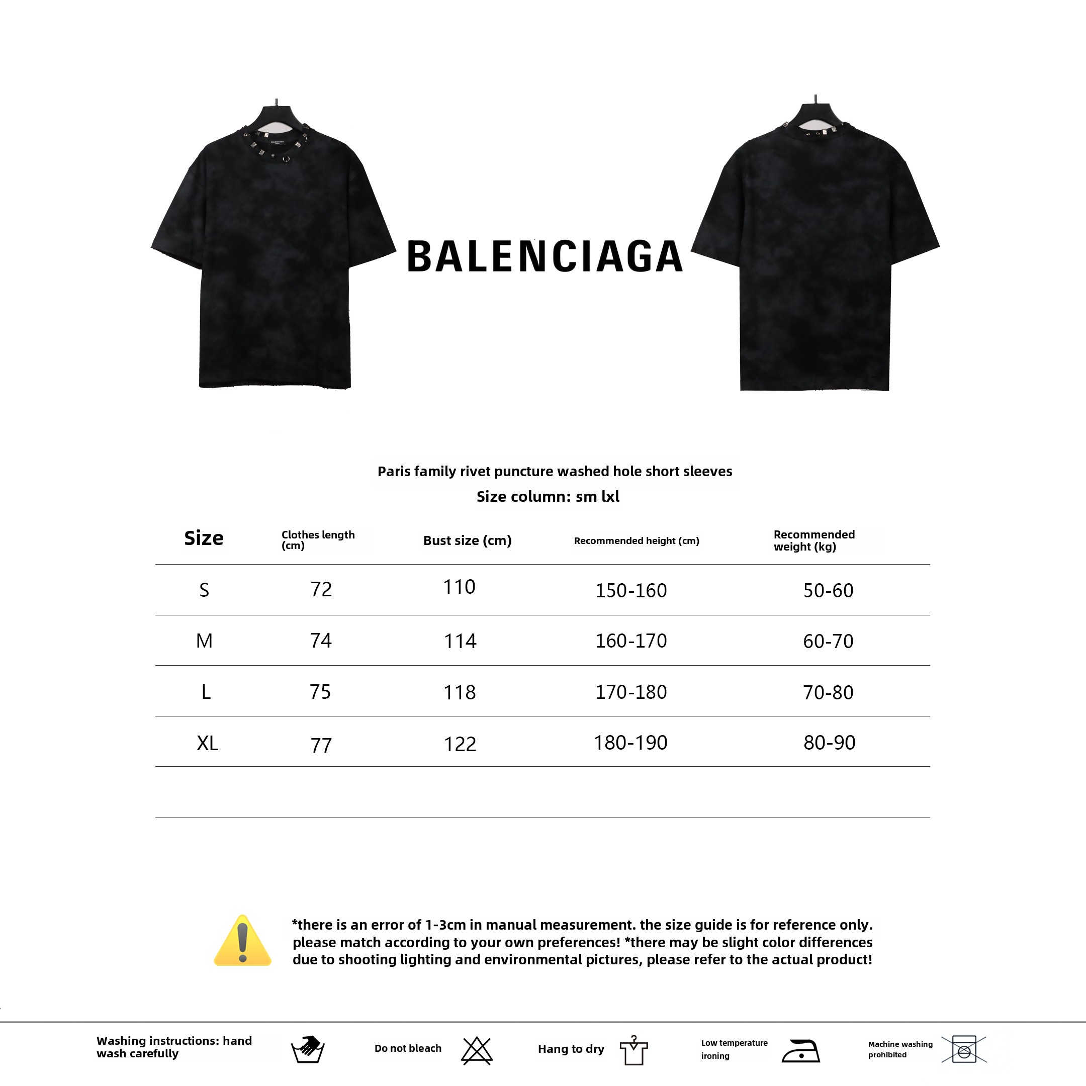 Balenciage rivet pierced washed hole T-Shirts Black