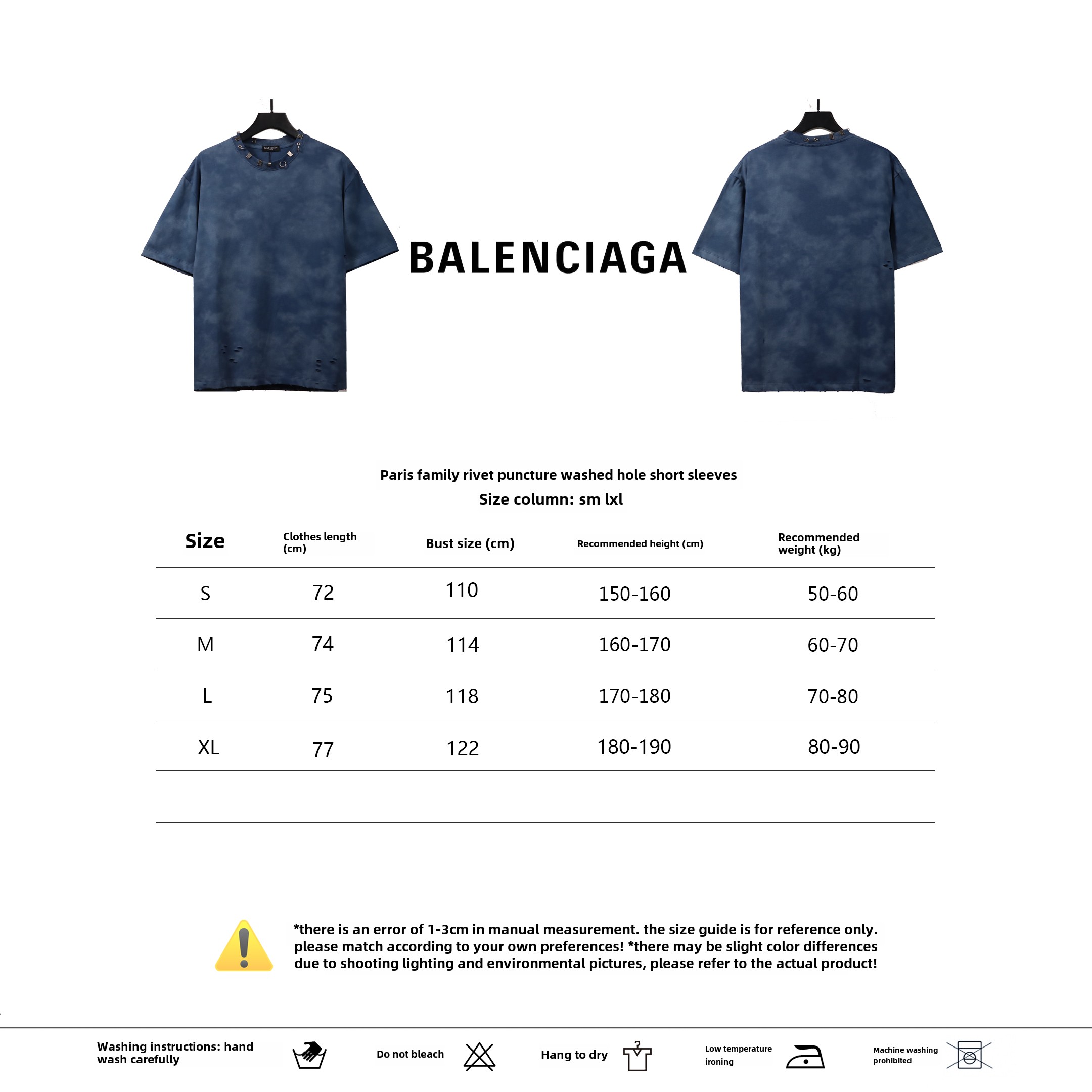 Balenciaga rivet puncture washed hole T-Shirts blue