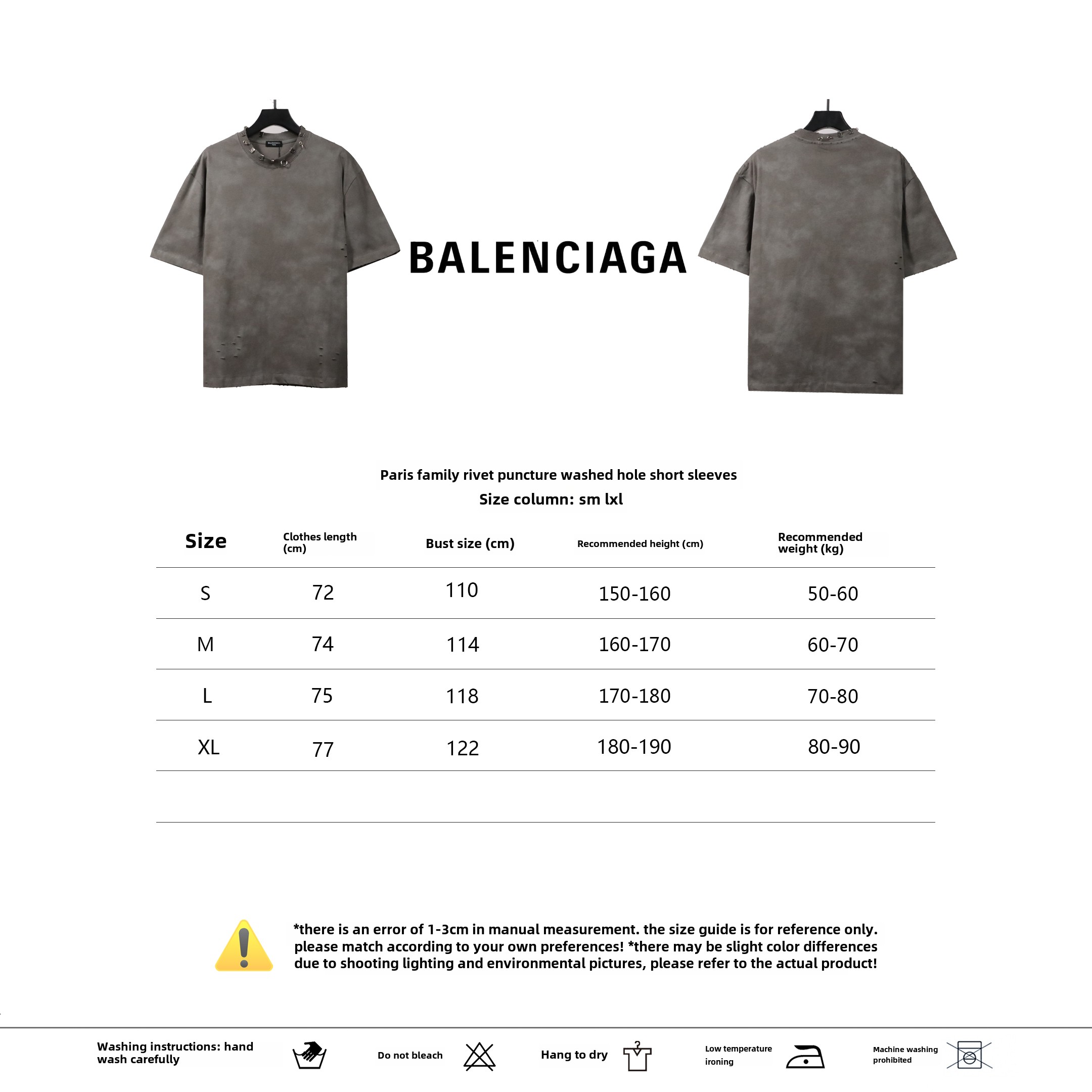 Balenciaga rivet puncture washed hole T-Shirts gray