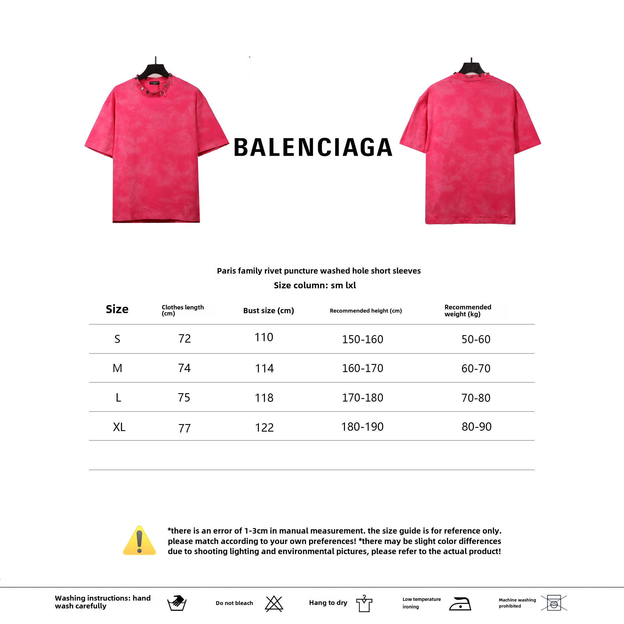 Balenciage rivet puncture washed hole T-Shirts pink
