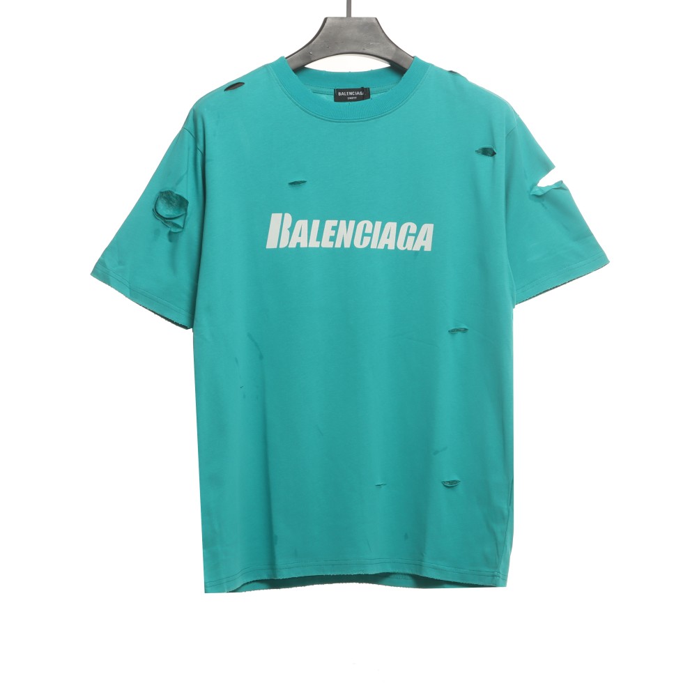  Balenciage Distressed Damaged T-Shirts Lake Blue