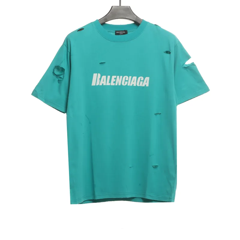  Balenciage Distressed Damaged T-Shirts Lake Blue