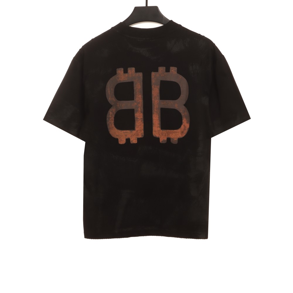  Balenciage Distressed Mud-dyed Double B Printed T-Shirts Black 1
