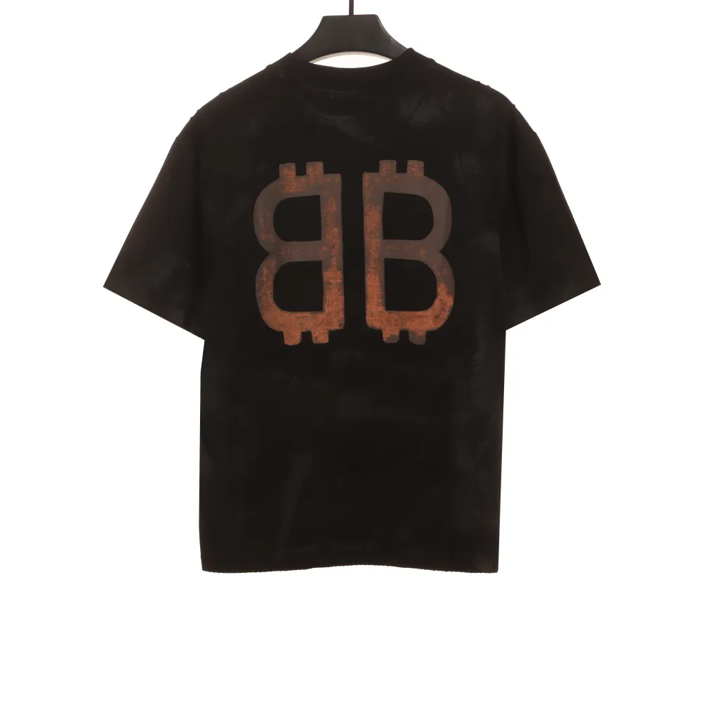 Balenciaga Distressed Mud-dyed Double B Printed T-Shirts Black 1