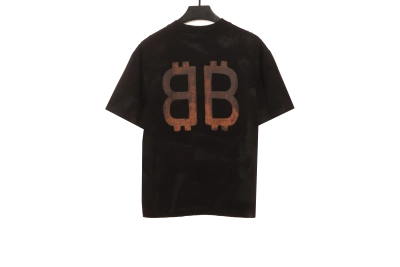 Balenciaga Distressed Mud-dyed Double B Printed T-Shirts Black 1 02