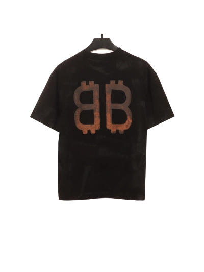 Balenciaga Distressed Mud-dyed Double B Printed T-Shirts Black 1 02
