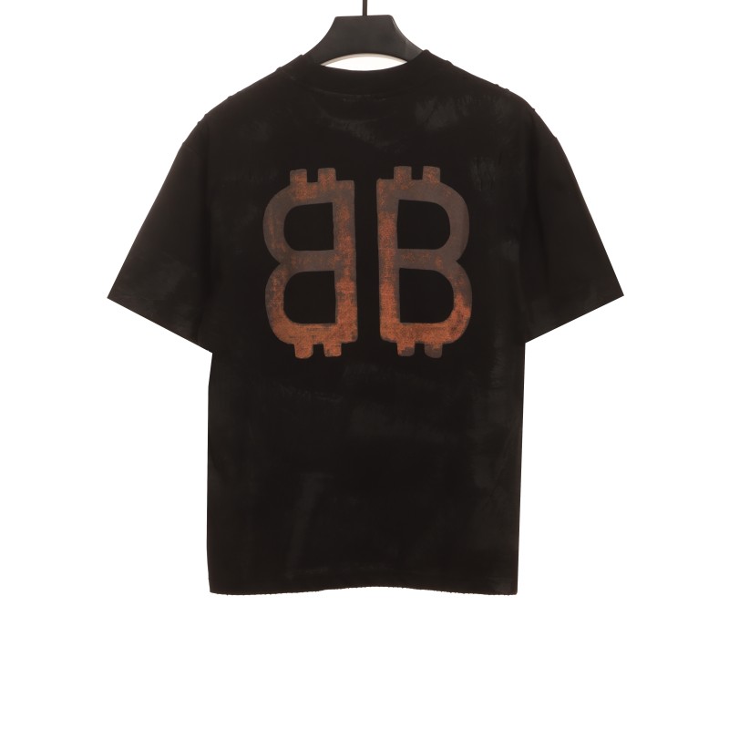  Balenciage Distressed Mud-dyed Double B Printed T-Shirts Black 1