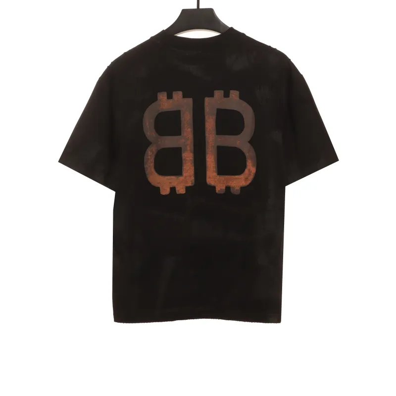  Balenciage Distressed Mud-dyed Double B Printed T-Shirts Black 1