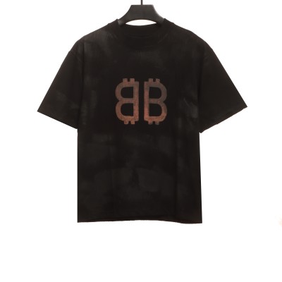  Balenciage Distressed Mud-dyed Double B Printed T-Shirts Black 1 01