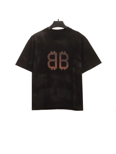 Balenciaga Distressed Mud-dyed Double B Printed T-Shirts Black 1 01
