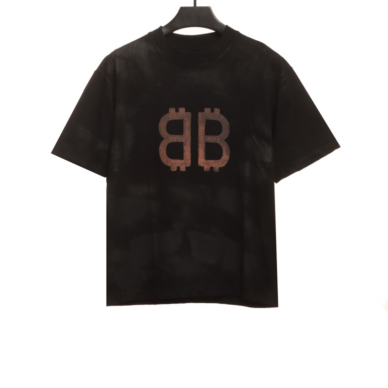  Balenciage Distressed Mud-dyed Double B Printed T-Shirts Black 1