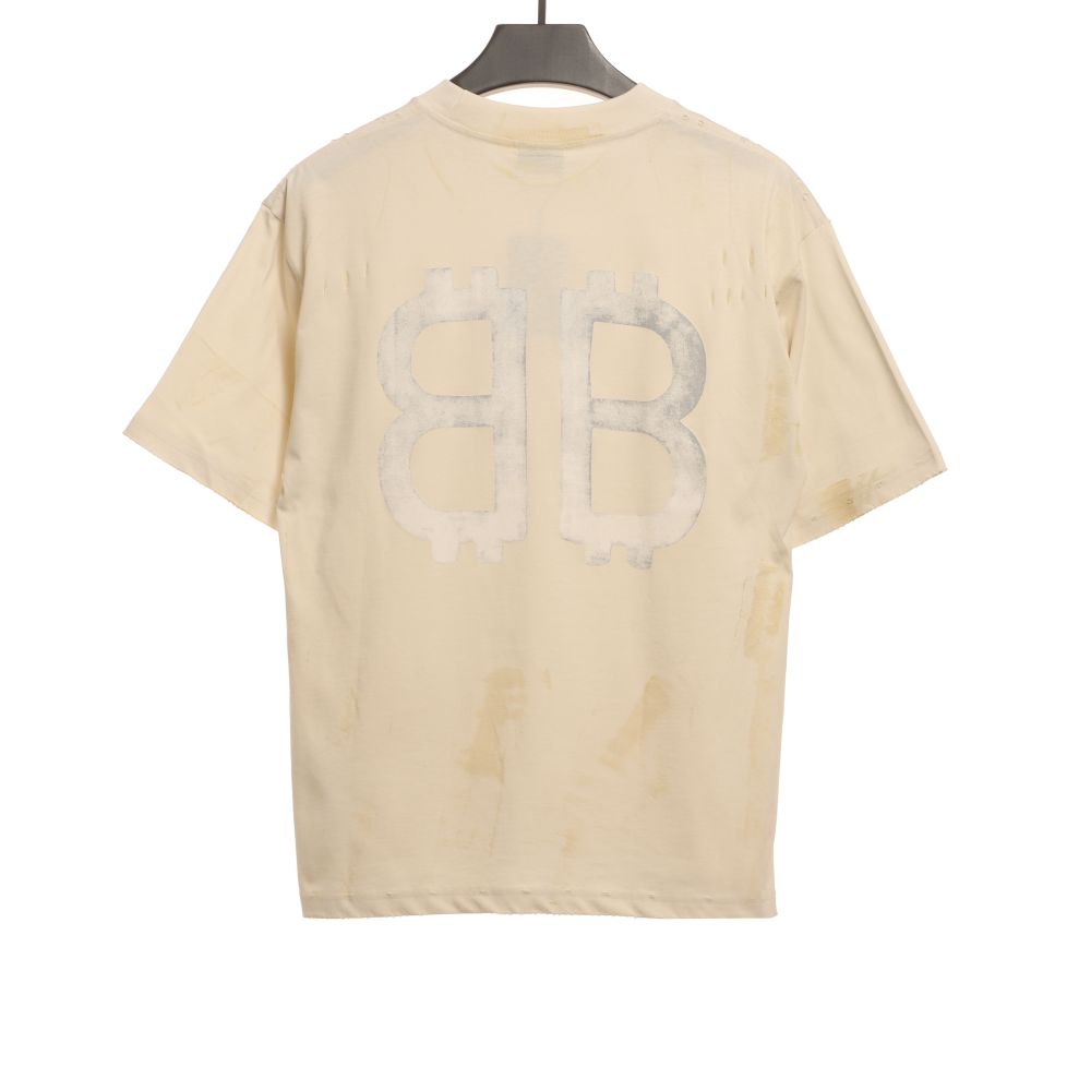 Balenciaga Distressed Mud-dyed Double B Printed T-Shirts White