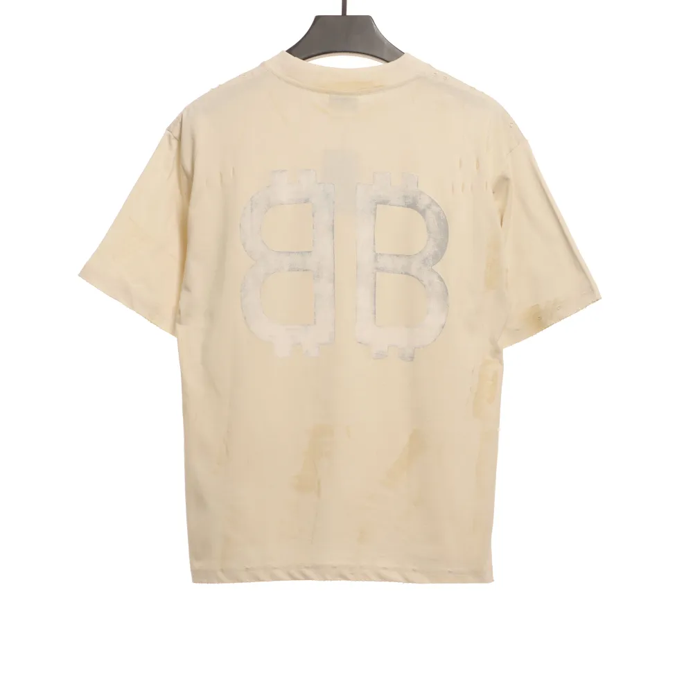 Balenciaga Distressed Mud-dyed Double B Printed T-Shirts White