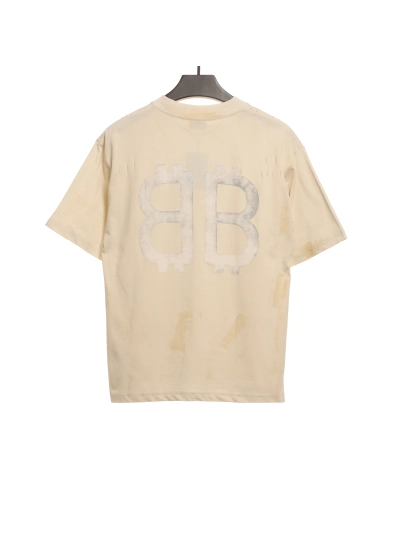 Balenciaga Distressed Mud-dyed Double B Printed T-Shirts White 02