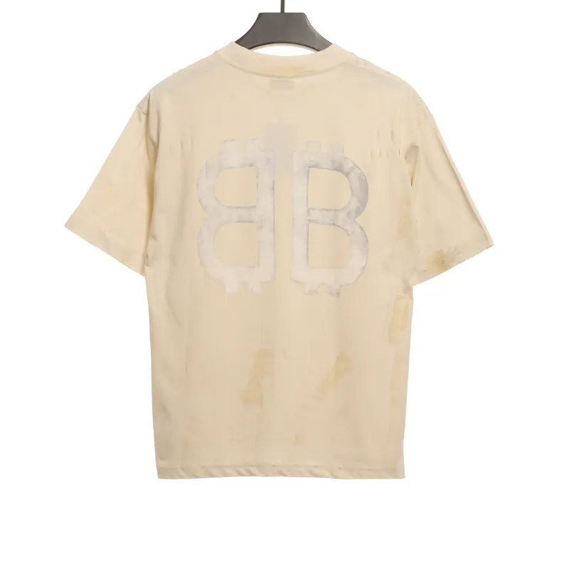 Balenciaga Distressed Mud-dyed Double B Printed T-Shirts White
