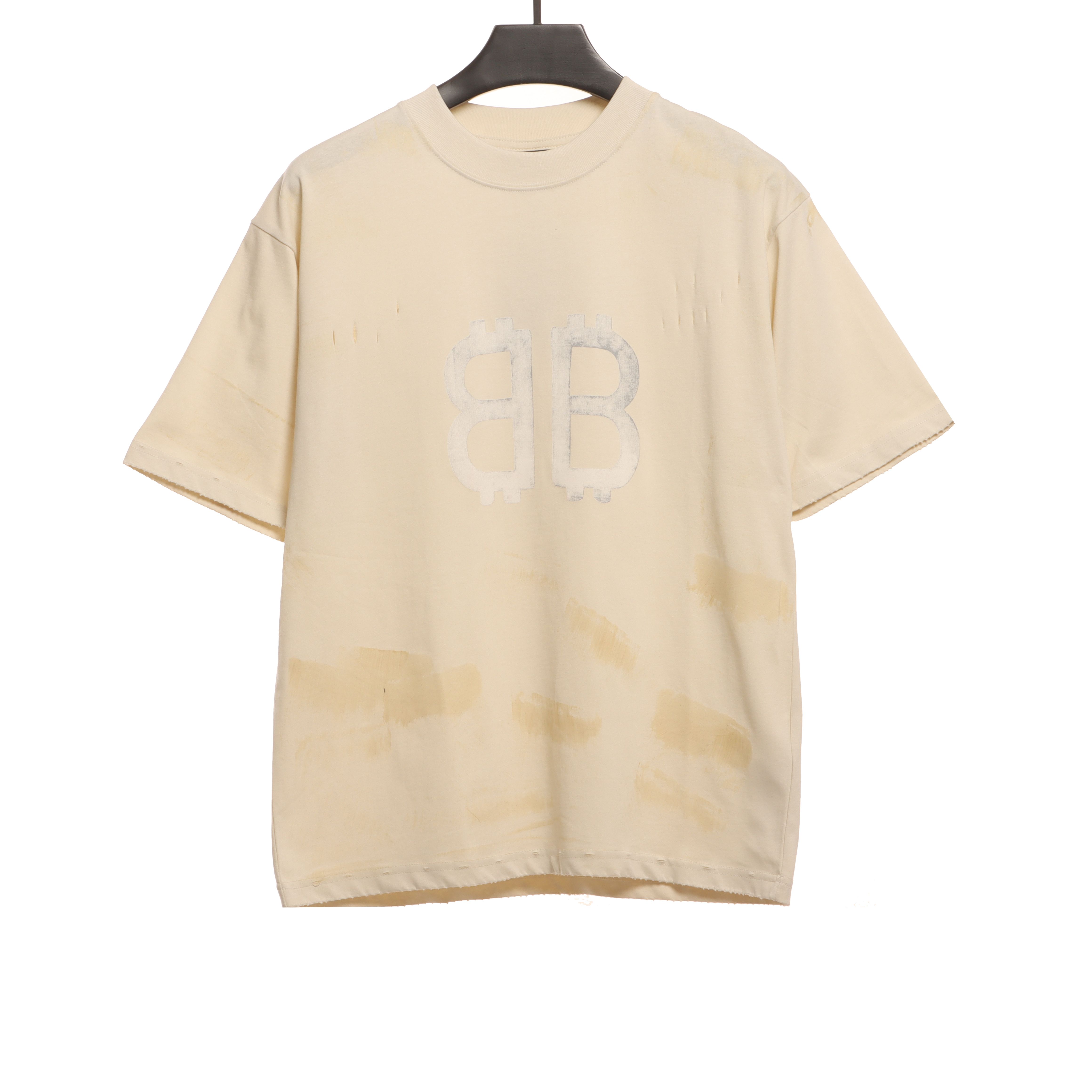 Balenciaga Distressed Mud-dyed Double B Printed T-Shirts White