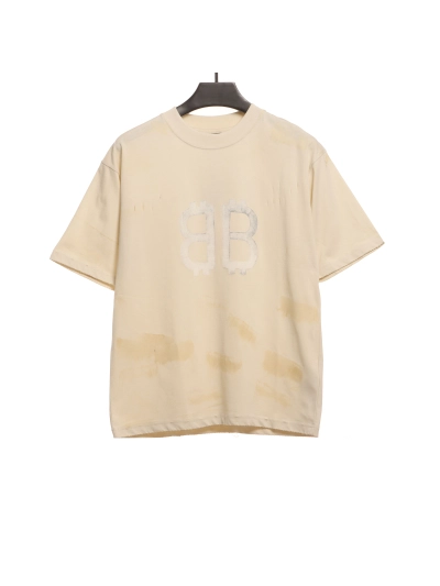 Balenciaga Distressed Mud-dyed Double B Printed T-Shirts White 01
