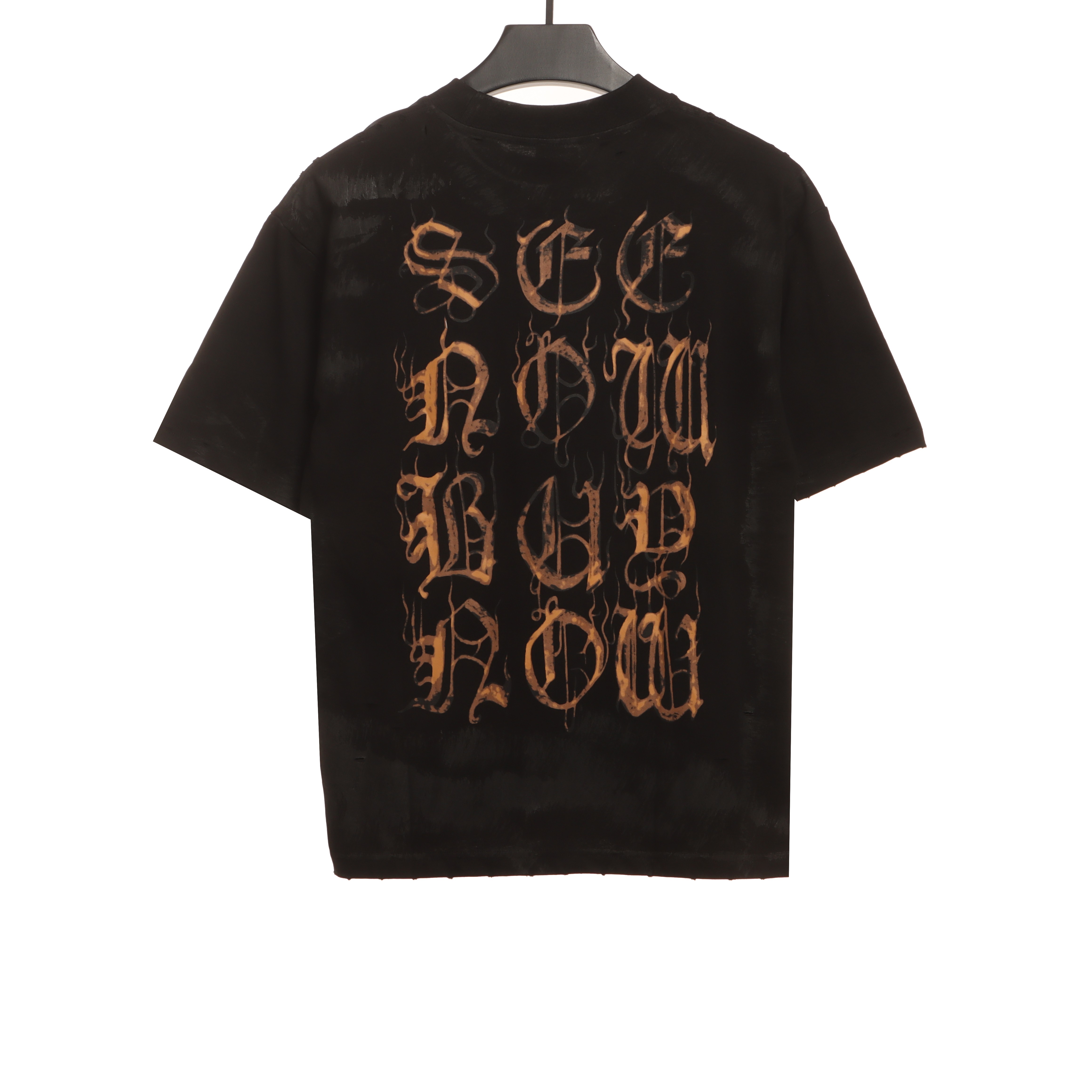 Balenciaga Distressed Mud-dyed Sanskrit Printed T-Shirts Black
